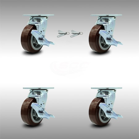 Service Caster 5 Inch SS Polyurethane Caster Set with Ball Bearings 4 Brake 2 Swivel Lock SCC SCC-SS30S520-PPUB-TLB-BSL-2-TLB-2